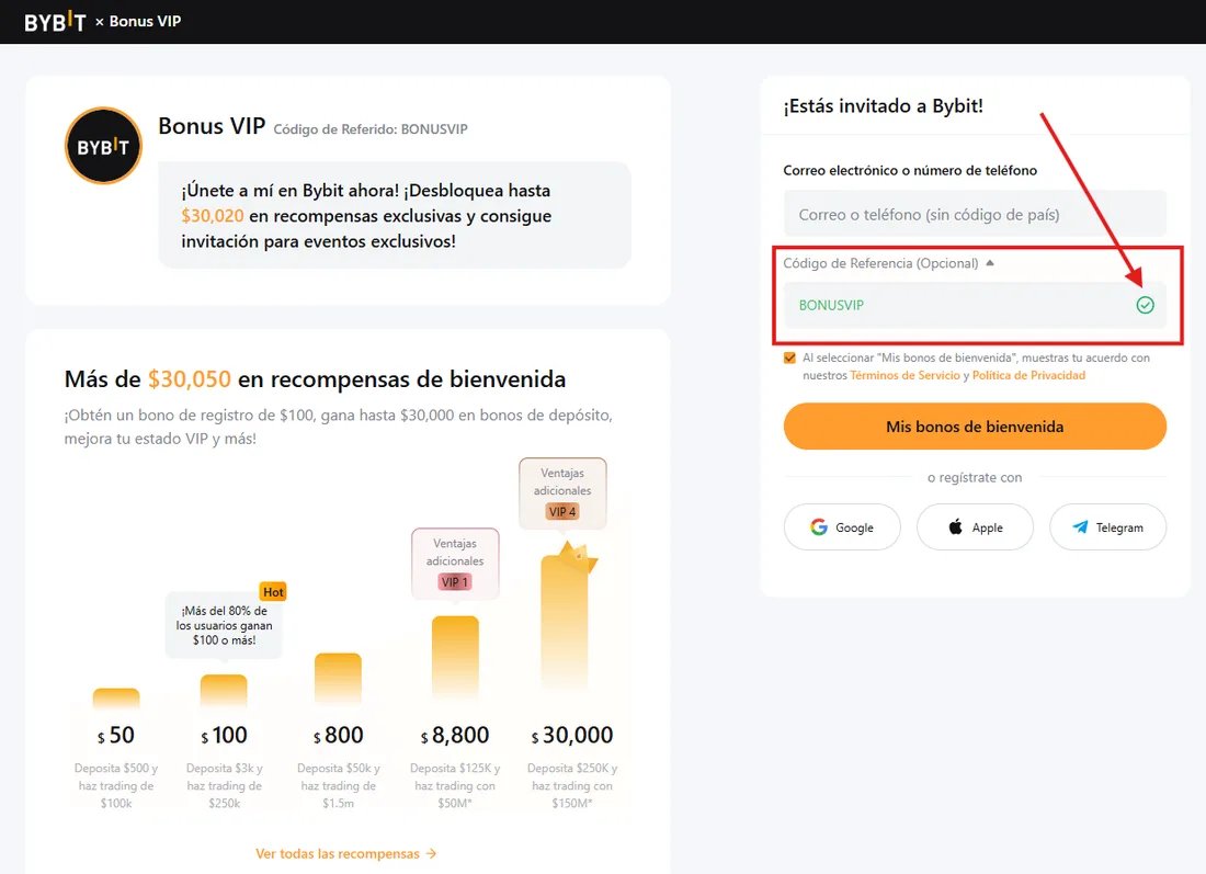 Registro en el Bybit.com global mostrando hasta $30,000+ en recompensas de bienvenida con el código BONUSVIP