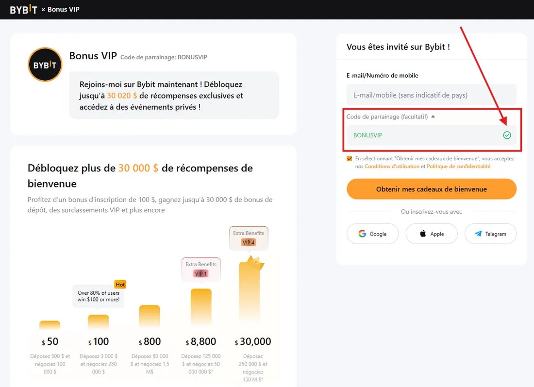 Inscription sur le Bybit.com mondial montrant jusqu'à $30,000+ en récompenses de bienvenue avec le code BONUSVIP