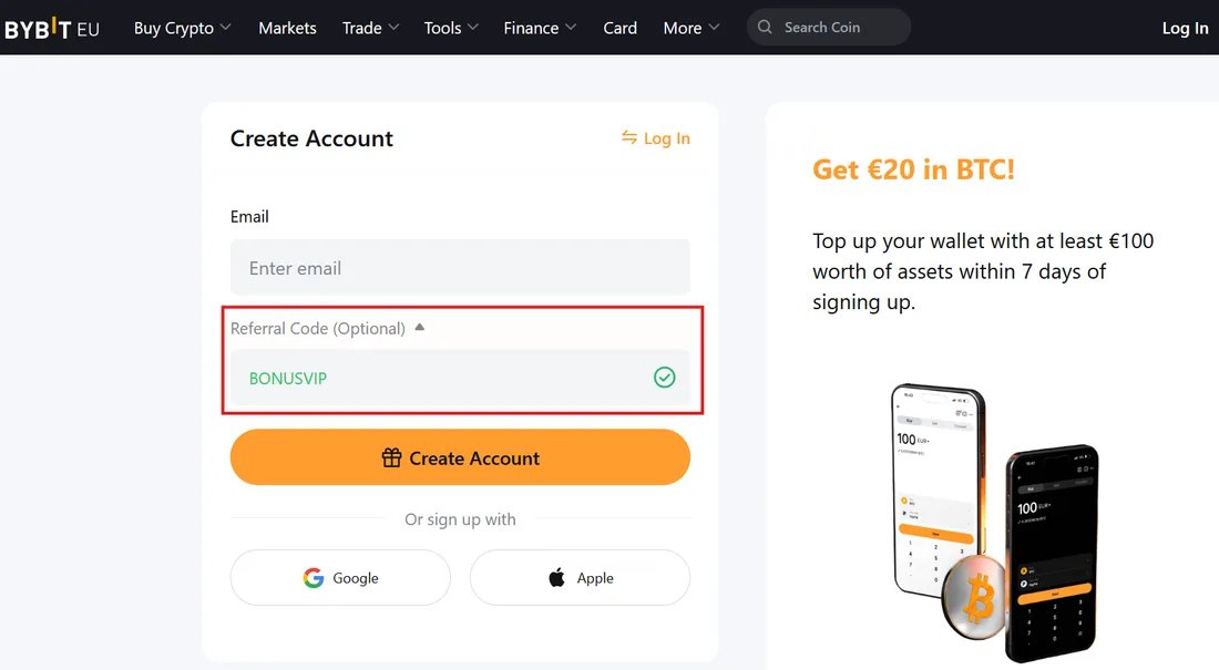 Bybit.eu sign-up page with the referral-code field marked in red: entering BONUSVIP unlocks Welcome Rewards up to $5,100+ on the EU platform