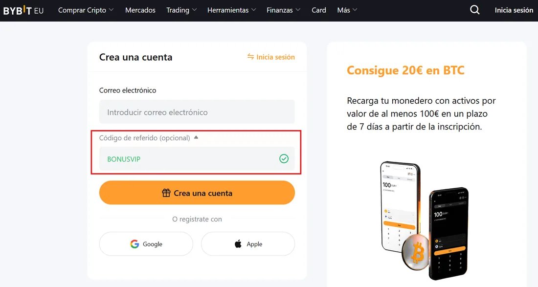 Página de registro de Bybit.eu con el campo del código de referido marcado en rojo: introducir BONUSVIP desbloquea recompensas de bienvenida de hasta $5,100+ en la plataforma de la UE