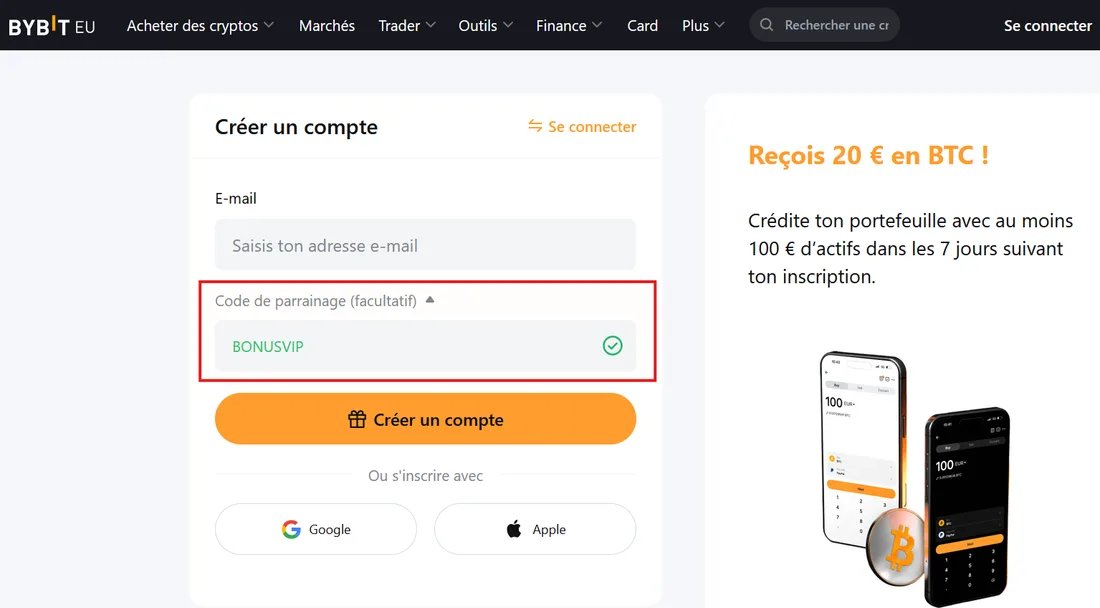 Page d'inscription Bybit.eu avec le champ du code de parrainage encadré en rouge : saisir BONUSVIP débloque des récompenses de bienvenue jusqu'à $5,100+ sur la plateforme UE