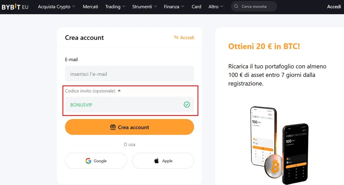 Pagina di registrazione di Bybit.eu con il campo del codice referral evidenziato in rosso: inserendo BONUSVIP si sbloccano ricompense di benvenuto fino a $5,100+ sulla piattaforma UE