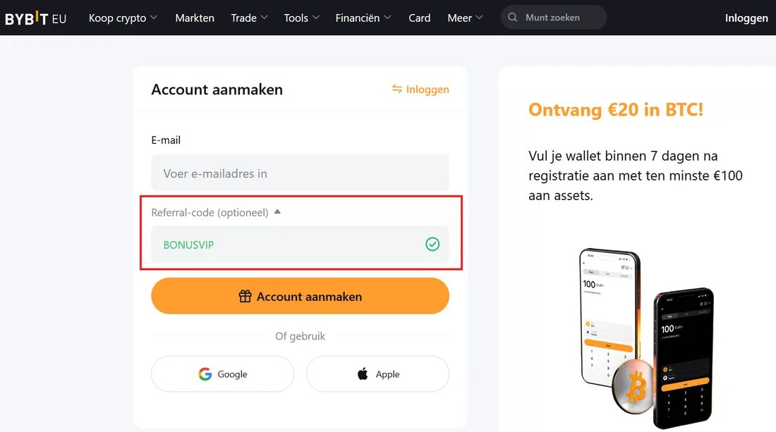 Bybit.eu-registratiepagina met het verwijscodeveld rood gemarkeerd: het invoeren van BONUSVIP ontgrendelt welkomstbeloningen tot $5,100+ op het EU-platform