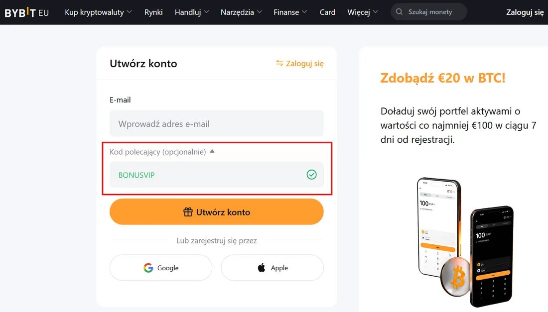 Strona rejestracji Bybit.eu z zaznaczonym na czerwono polem kodu polecającego: wpisanie BONUSVIP odblokowuje nagrody powitalne do $5,100+ na platformie unijnej