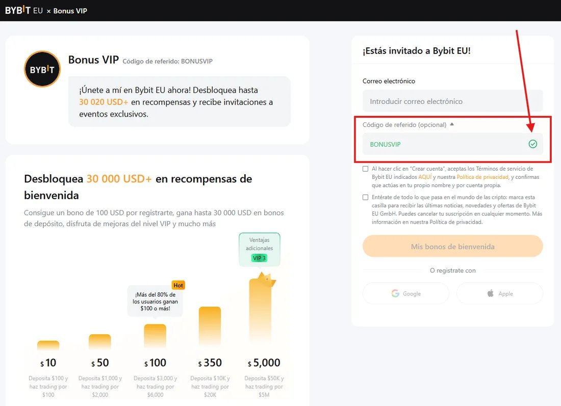 Registro en Bybit.eu con el código BONUSVIP aplicado, mostrando hasta $5,100+ en recompensas de bienvenida