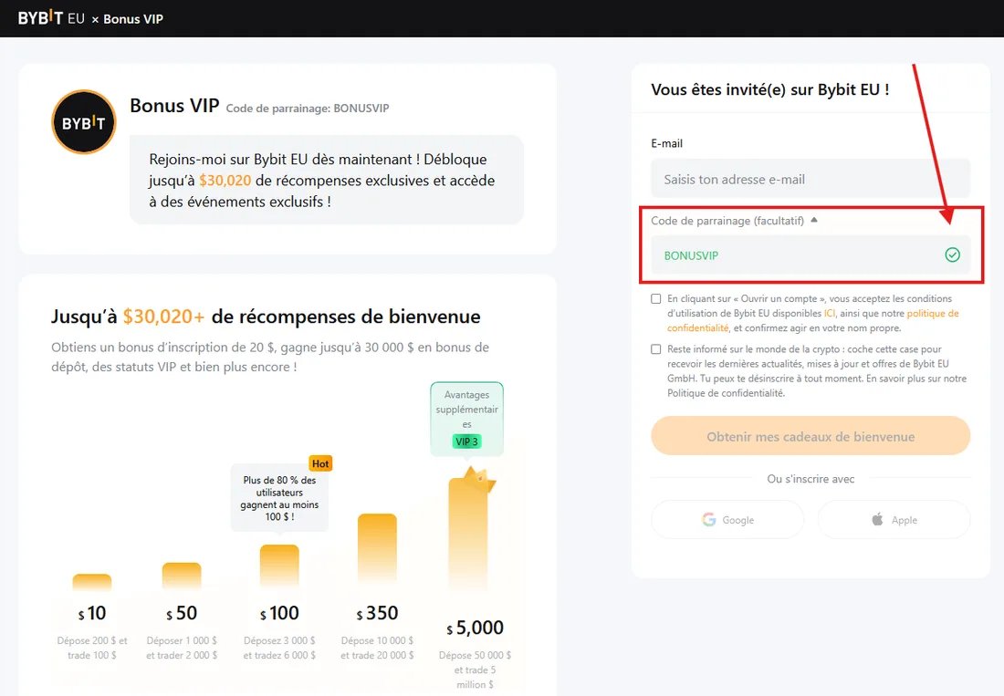 Inscription Bybit.eu avec le code BONUSVIP appliqué, montrant jusqu'à $5,100+ en récompenses de bienvenue