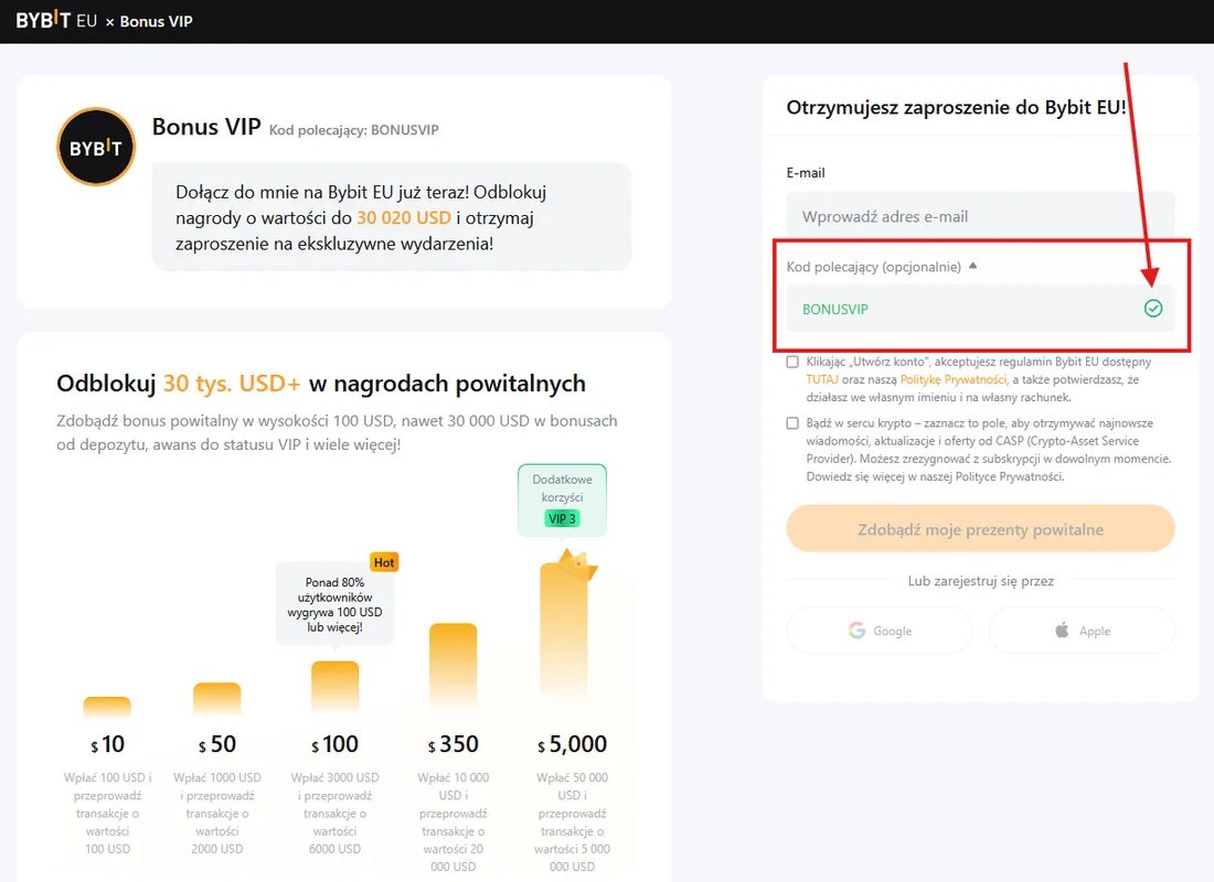 Rejestracja Bybit.eu z zastosowanym kodem BONUSVIP, pokazująca do $5,100+ w nagrodach powitalnych