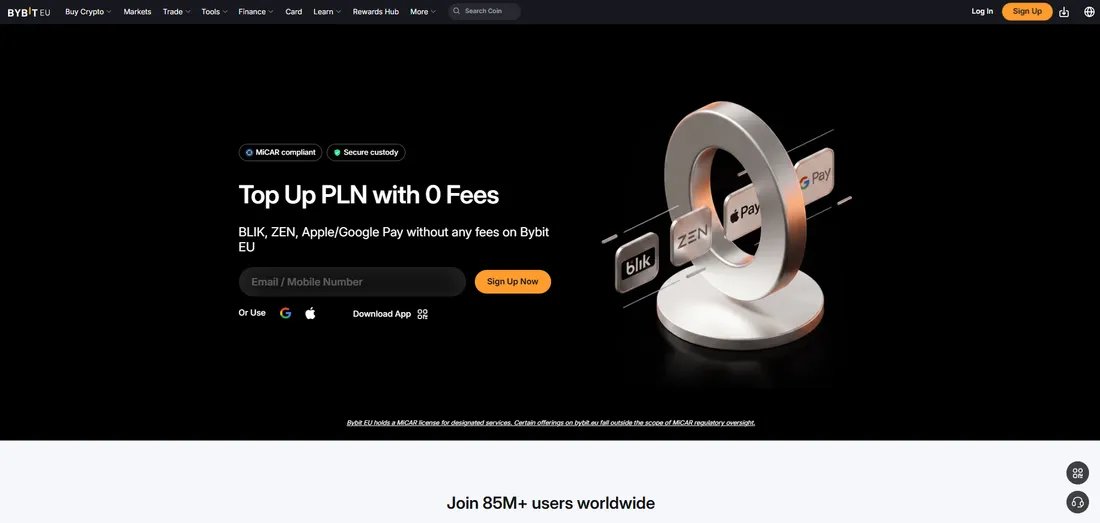 Bybit EU homepage (bybit.eu): platform of Bybit EU GmbH, MiCA-licensed by Austria's FMA, with the standing Welcome Rewards program worth up to $5,100+ in deposit and trading tiers for new EEA accounts