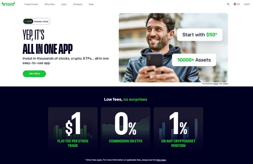 Homepage of eToro (etoro.com): the EU platform of eToro (Europe) Ltd, MiCA-licensed by the CySEC in Cyprus since 16 January 2025