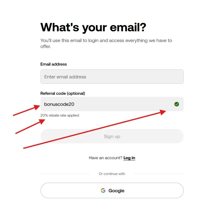 Annotated OKX sign-up screen with the referral-code field marked in red: entering BONUSCODE20 there activates a lifetime 20% trading-fee discount
