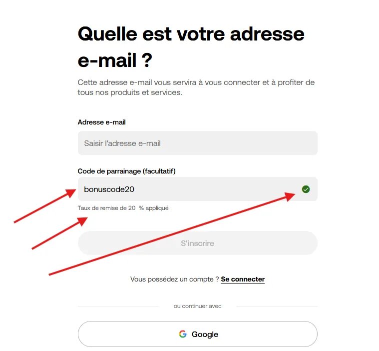 Écran d'inscription OKX annoté, champ du code de parrainage encadré en rouge : saisir BONUSCODE20 active une remise à vie de 20% sur les frais de trading