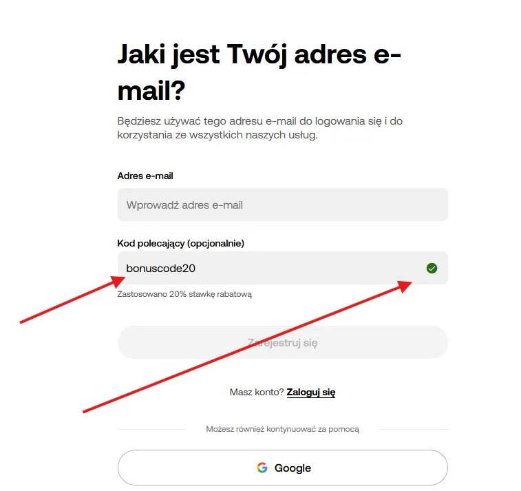 Ekran rejestracji OKX z zaznaczonym na czerwono polem kodu polecającego: wpisanie BONUSCODE20 aktywuje dożywotni rabat 20% na prowizje transakcyjne