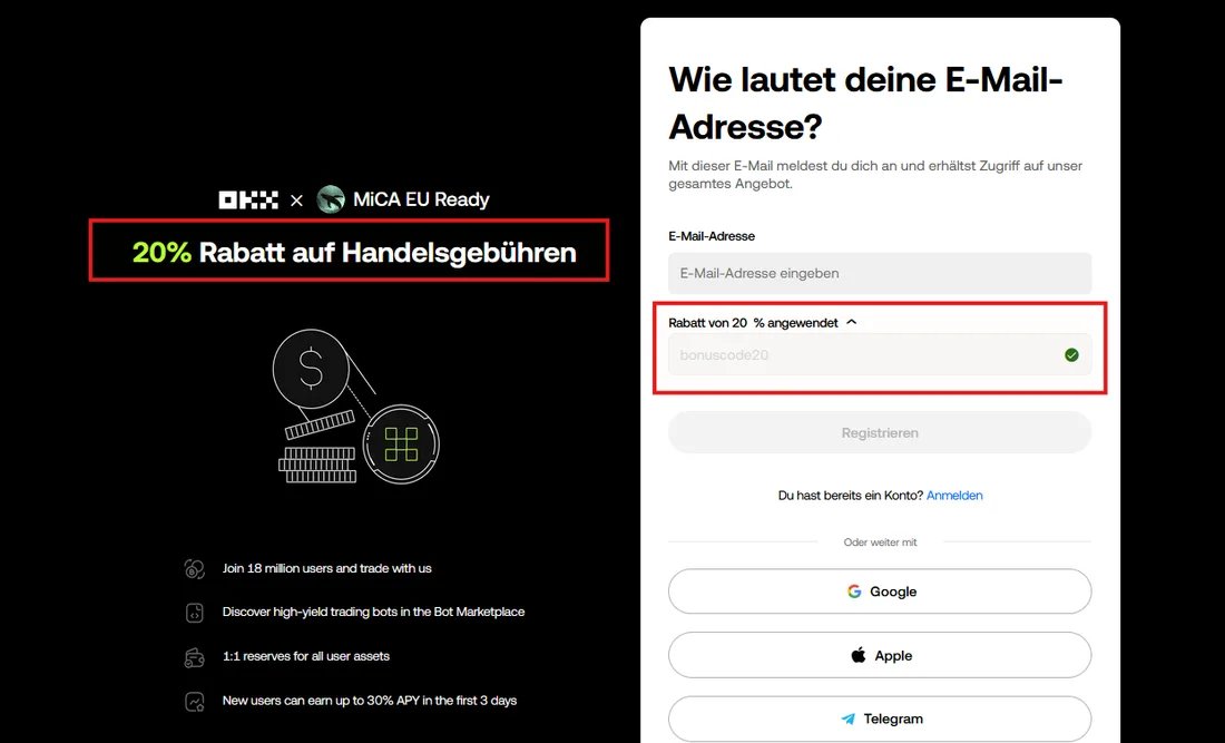 OKX-Anmeldung mit „20% Rabatt auf Handelsgebühren“, dem Code bonuscode20 und der Meldung „Rabatt von 20 % angewendet“