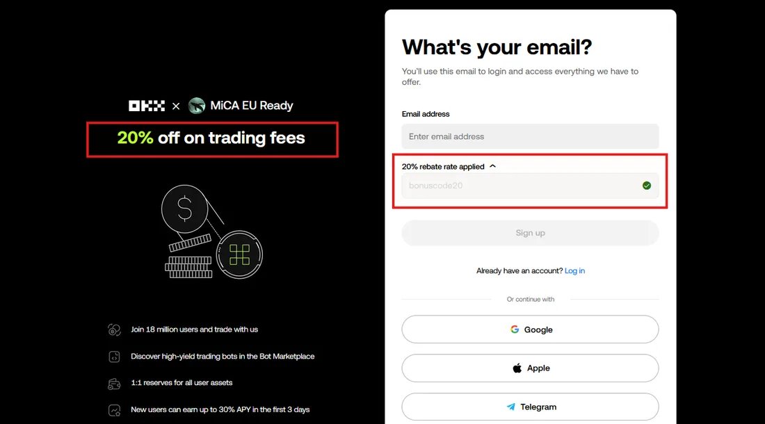 OKX sign-up showing “20% off on trading fees” with code bonuscode20 and “20% rebate rate applied”