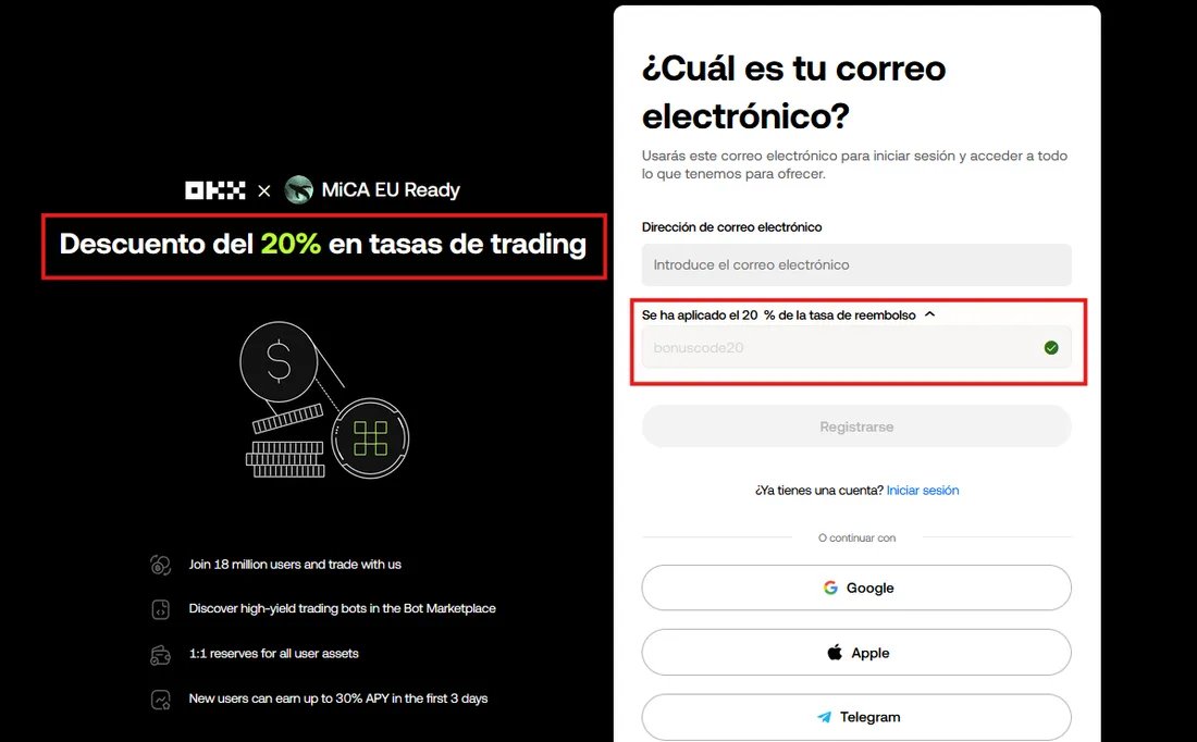 Registro de OKX con «Descuento del 20% en tasas de trading», el código bonuscode20 y el mensaje «Se ha aplicado el 20 % de la tasa de reembolso»