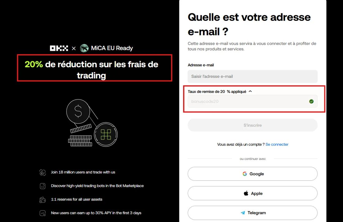 Inscription OKX affichant « 20% de réduction sur les frais de trading », le code bonuscode20 et la mention « Taux de remise de 20 % appliqué »