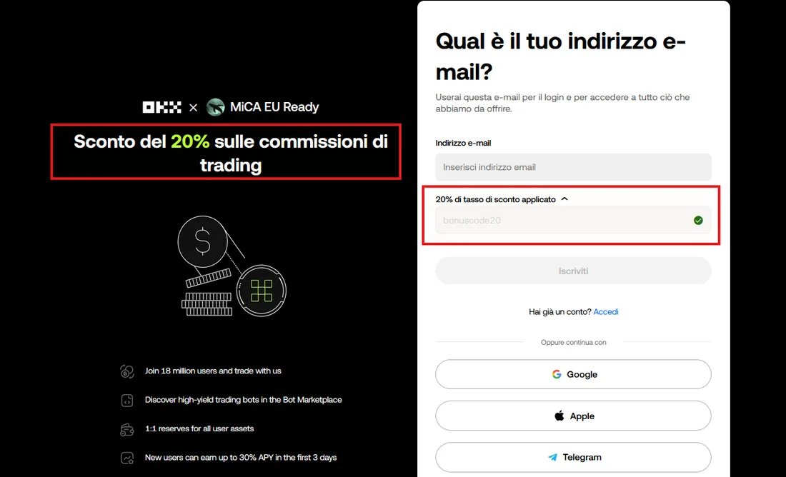 Registrazione OKX con «Sconto del 20% sulle commissioni di trading», il codice bonuscode20 e il messaggio «20% di tasso di sconto applicato»