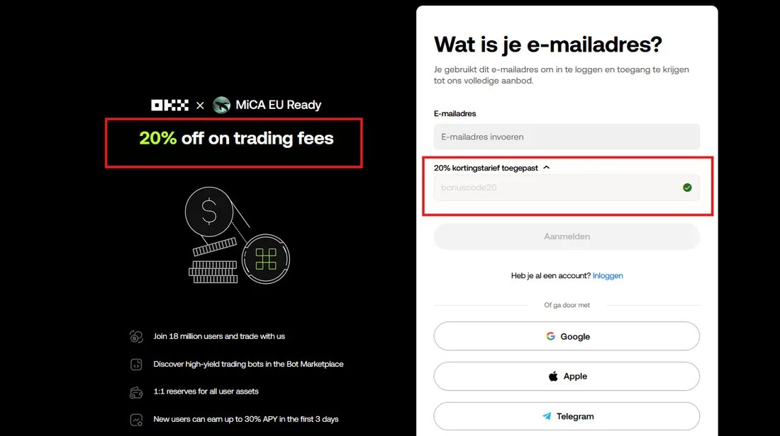 OKX-registratie met de banner „20% off on trading fees”, de code bonuscode20 en de melding „20% kortingstarief toegepast”