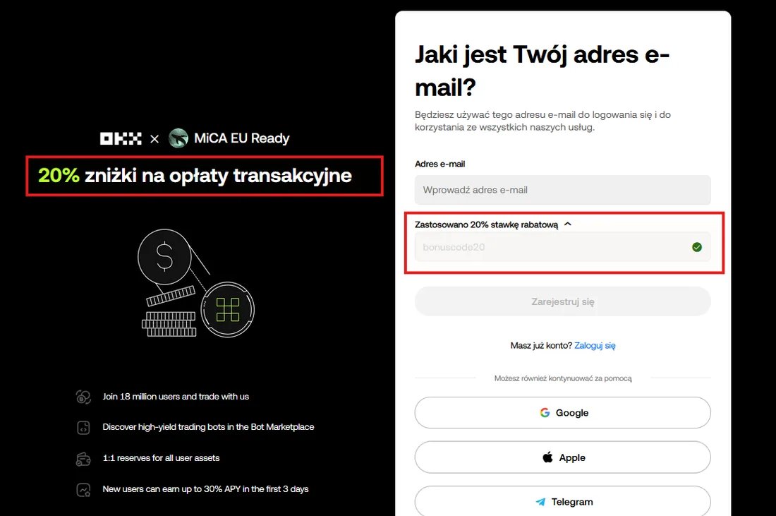 Rejestracja OKX z napisem „20% zniżki na opłaty transakcyjne”, kodem bonuscode20 i komunikatem „Zastosowano 20% stawkę rabatową”