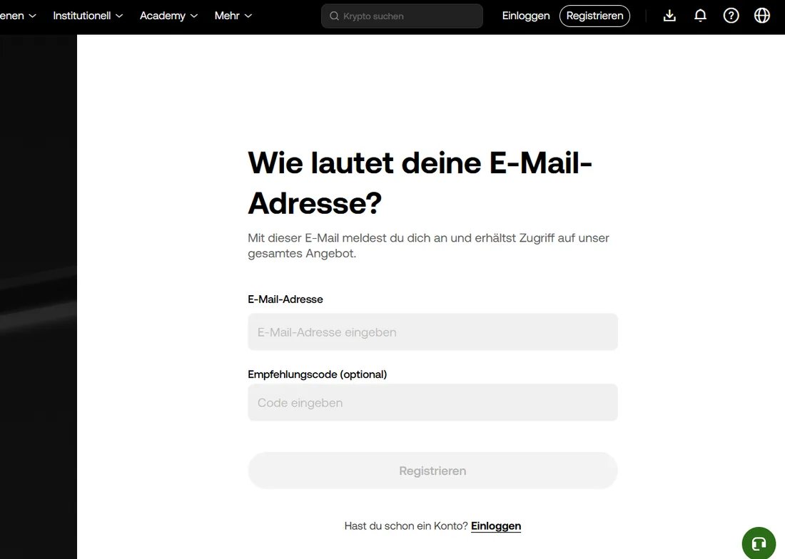 Anmeldeseite von OKX mit dem leeren Feld „Empfehlungscode (optional)“ direkt unter dem Feld für die E-Mail-Adresse, in das BONUSCODE20 für 20% Rabatt auf die Handelsgebühren eingetragen wird