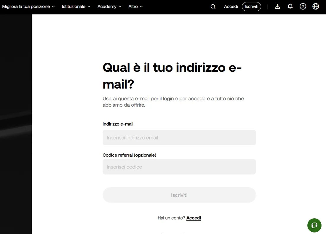 Pagina di registrazione di OKX con il campo vuoto «Codice referral (opzionale)» subito sotto il campo dell'indirizzo e-mail, dove si inserisce BONUSCODE20 per ottenere il 20% di sconto sulle commissioni di trading