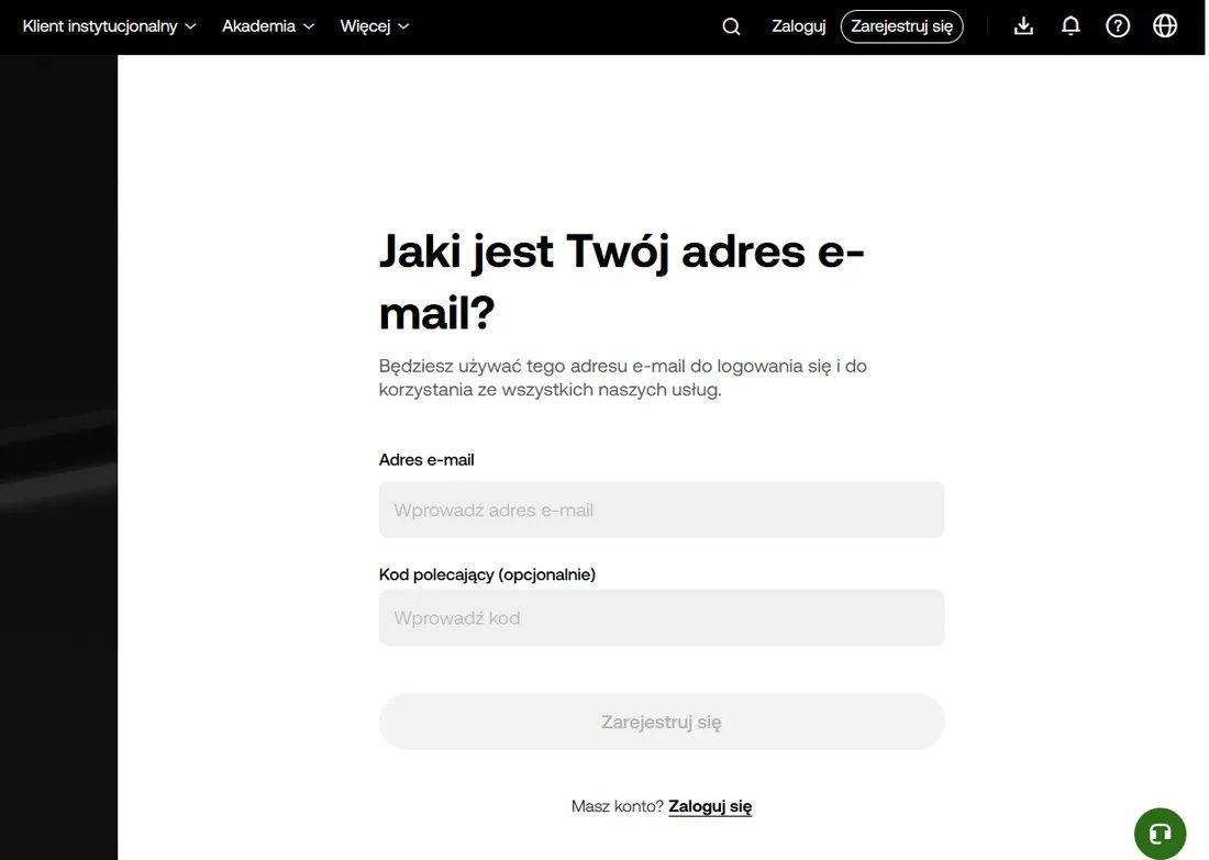 Strona rejestracji OKX z pustym polem „Kod polecający (opcjonalnie)” bezpośrednio pod polem adresu e-mail, w które wpisuje się BONUSCODE20, żeby uzyskać 20% zniżki na prowizje
